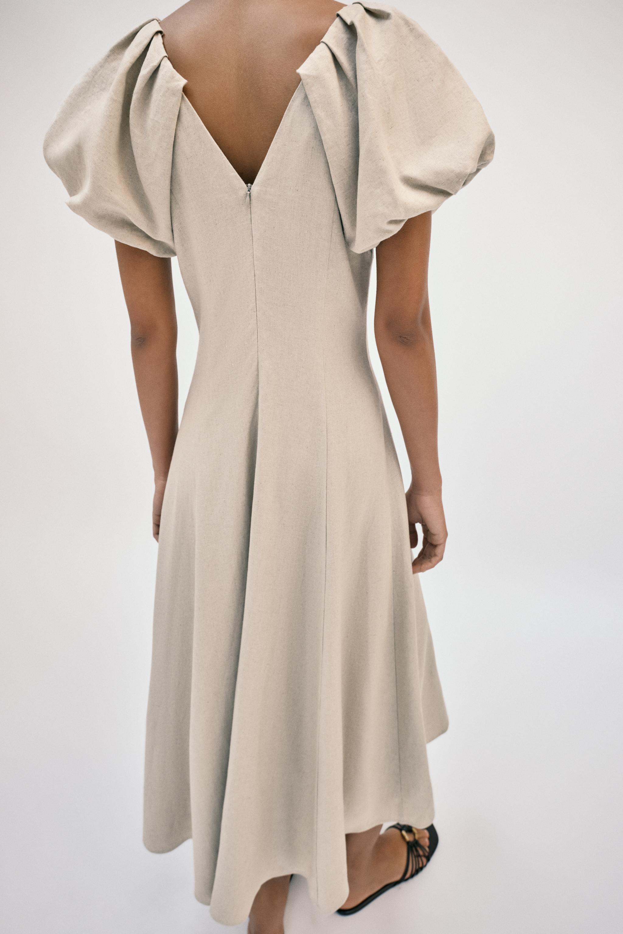 LINEN BLEND PUFF SLEEVE MIDI DRESS